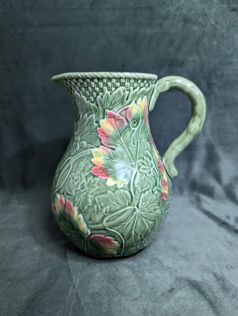 Bordallo Pinheiro Green Pitcher Embossed With Leaf Design Vine. Crazing. Leaks